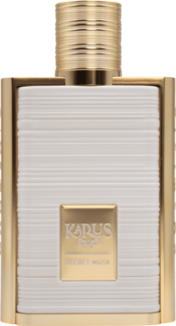 KARUS Secret Musk, elegancki flakon perfum z białym, żebrowanym frontem i błyszczącymi złotymi detalami, widok z przodu.