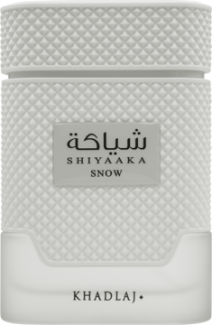 Biały matowy flakon perfum Khadlaj Shiyaaka Snow z diamentową teksturą, widok z przodu etykiety.