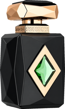 Czarny fasetowany flakon perfum ze złotym korkiem i zielonym klejnotem, eleganckie ujęcie pod kątem.