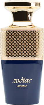 Złoty flakon perfum Zodiac Stratos z granatową podstawą, ażurowym wzorem i błyszczącą nakrętką. Widok z przodu.