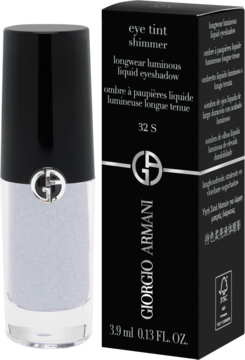 Srebrno-lawendowy płynny cień do powiek Giorgio Armani Eye Tint Shimmer 32 S w butelce z czarną nakrętką, obok pudełko.
