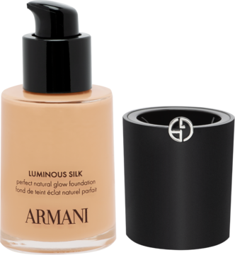Podkład Armani Luminous Silk Perfect Natural Glow w szklanej butelce z pompką, widok z przodu, beżowy odcień, nakrętka obok.