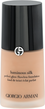 Rozświetlający podkład Giorgio Armani Luminous Silk w beżowej butelce z czarną nakrętką, widok z przodu.