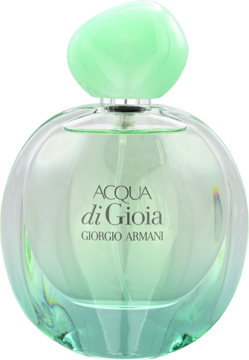 Perfumy Acqua di Gioia Armani: okrągła, szklana butelka z miętowo-zielonym korkiem, widok z przodu.