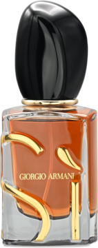 Giorgio Armani perfumy w szklanej butelce z bursztynowym płynem, czarna organiczna nakrętka i złote zdobienia, widok z przodu.