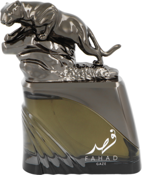 Fahad Gaze woda perfumowana w ciemnej butelce z metalowym korkiem w kształcie pantery na skale, widok z przodu.