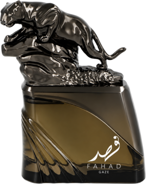 Perfumy męskie Arabiyat Prestige Fahad Gaze: ciemna butelka z rzeźbioną, metalową czarną panterą na korku, widok z przodu.