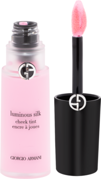 Giorgio Armani Luminous Silk jasnoróżowy tint do policzków, widok z przodu otwartej butelki z wyjętym aplikatorem.