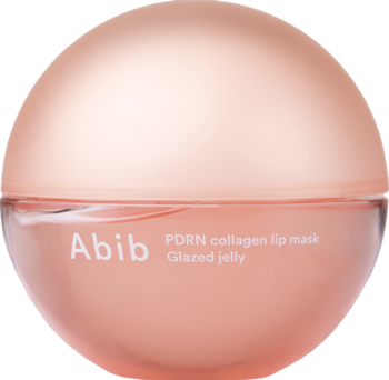 Abib PDRN Collagen Lip Mask Glazed Jelly. Okrągły słoiczek w różowym złocie i brzoskwini, widok z przodu.