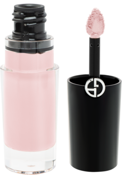 Płynny róż do policzków Giorgio Armani w pastelowym różu, aplikator z logo obok otwartej buteleczki.