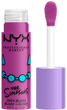 NYX The Simpsons Juicy Blush Lavender Sass. Otwarte, fuksjowe opakowanie z aplikatorem obok, widok z przodu.