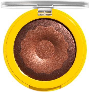 NYX The Simpsons rozświetlacz Glazed Over w żółtym kompakcie. Brązowy, błyszczący puder z kształtem donuta, widok z góry.