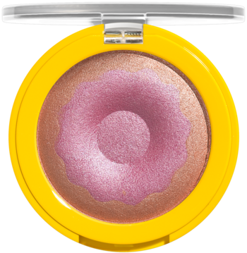 NYX The Simpsons rozświetlacz Donut Mind If I Do: żółty kompakt, różowy donut na złoto-brązowym tle, widok z góry.