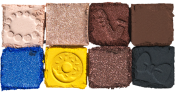 Paleta cieni NYX Simpson Family, 8 kolorów: beże, brązy, niebieski, żółty pączek, reliefy Barta i kokardy.