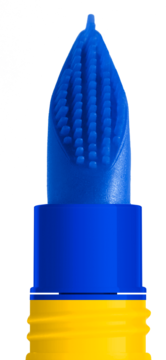 NYX The Simpsons przezroczysty żel do brwi i włosów: widok niebieskiego aplikatora z kolcami, żółta baza.