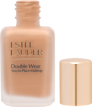 Otwarta, beżowa butelka podkładu Estée Lauder Double Wear z napisem, obok złotej nakrętki. Matowe wykończenie.