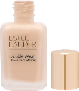 Otwarty podkład Estée Lauder Double Wear Ecru, matowe szkło, złota zakrętka obok, widok z przodu.