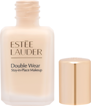 Matujący podkład Estée Lauder Double Wear w szklanej butelce, jasnobeżowy, ze złotą nakrętką z boku.