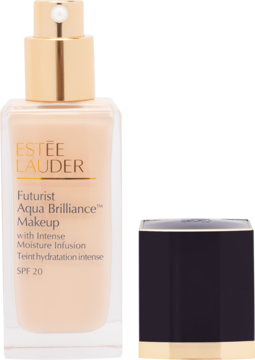 Estée Lauder Futurist Aqua Brilliance Warm Porcelain, podkład w butelce z pompką, obok czarna nakrętka.