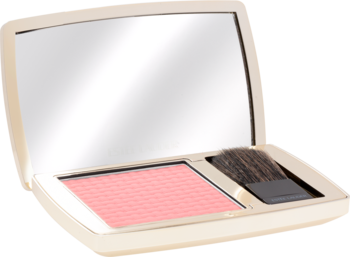 Otwarty, beżowy kompakt z lustrem, delikatnym różem do policzków w kratkę i małym pędzelkiem.