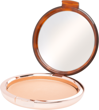 Otwarty kompaktowy puder do twarzy z lustrem, w etui rose gold z szylkretową obwódką wieczka. Jasny odcień.