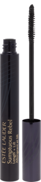 Otwarta mascara Estée Lauder Sumptuous Rebel Length + Lift. Ciemna butelka, złoty napis, obok czarny aplikator.