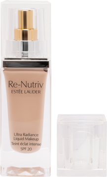 Estée Lauder Re-Nutriv Ultra Radiance Liquid Makeup SPF 20, beżowy podkład w szklanej butelce z odkręconą nakrętką.