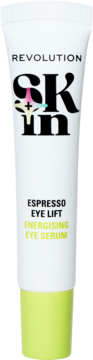Biała tubka Revolution Skin Espresso Eye Lift Energising Eye Serum z zielonym dołem i czarno-zielonym napisem, widok z przodu.