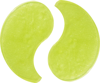 Dwa jasnozielone, przezroczyste hydrożelowe płatki Revolution Skin De-Puff pod oczy, widok z góry.