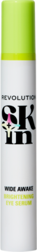 Biała butelka Revolution Skin Wide Awake Brightening Eye Serum, limonkowa zakrętka, front.