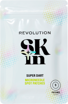 Revolution Skin Super Dart Microneedle Spot Patches 9 sztuk, biała saszetka z kolorowymi kropkami, widok z przodu.