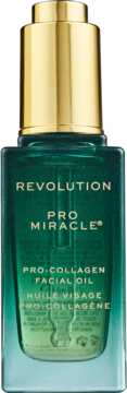 Revolution Pro Miracle Pro-Collagen Facial Oil w ciemnozielonej butelce z złotym kroplomierzem, widok z przodu.