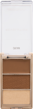 Otwarta paleta Bronze Icon z trzema bronzerami: matowy brąz, teksturowany ciemny brąz i jasny beż do konturowania.