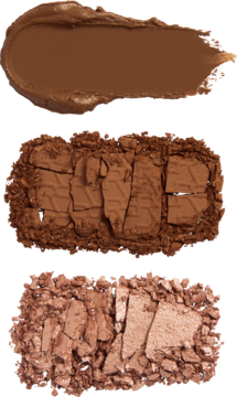 Bronze Icon Palettes: trzy próbki bronzerów – kremowy, matowy puder i błyszczący różany, ułożone pionowo.