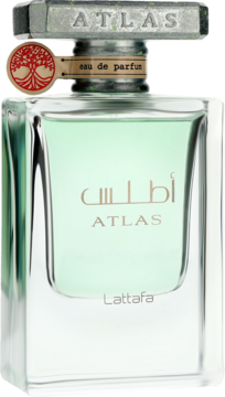 Lattafa Atlas Eau de Parfum, przezroczysta butelka z zielonym płynem, grawerowany srebrny korek, widok z przodu.