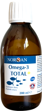 NORSAN Omega-3 TOTAL olej rybny 200 ml w ciemnej butelce z białą etykietą z rybami, widok z przodu.
