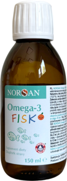 NORSAN Omega-3 FISK w bursztynowej butelce 150ml z białą zakrętką, widok z przodu, kolorowy napis i rybki.