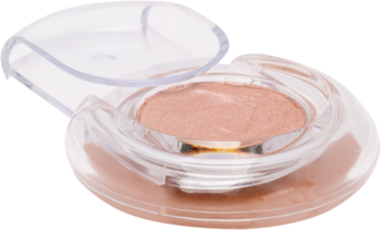 Różowo-złoty, błyszczący cień do powiek w przezroczystym, otwartym opakowaniu, widok z góry pod kątem.