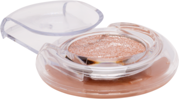 Otwarty kompakt z rozświetlającym cieniem do powiek w odcieniu brzoskwiniowo-złotym, widok z góry.