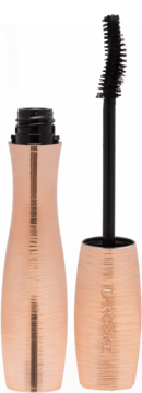 Mascara Lancome w miedzianym opakowaniu z prążkowaną teksturą, otwarta, z czarną szczoteczką, widok z boku.