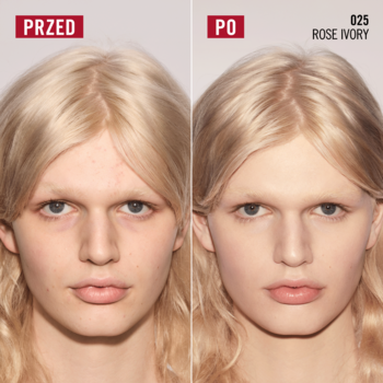 Rimmel Multi Tasker Blur Booster podkład w sticku 025 Rose Ivory. Efekt przed i po: portret z gładką cerą, mniej widocznych porów.