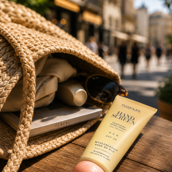 Złoty krem do rąk Hand Screen SPF 30, widoczny z przodu na blacie, obok torebki i okularów.