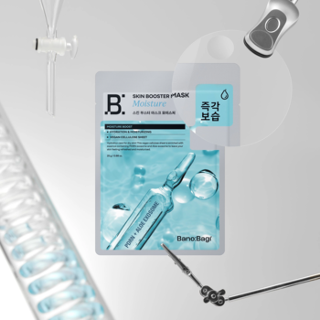 Biało-niebieska maska Banobagi Skin Booster PDRN Moisture w płachcie, intensywnie nawilżająca, na medycznym tle.