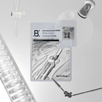 Maska Banobagi Pore Care, białe opakowanie maski w płachcie zwężającej pory, otoczone przezroczystymi elementami laboratoryjnymi.