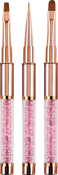 Zestaw 3 precyzyjnych pędzelków do zdobień paznokci, z różowymi kryształkami i rose gold uchwytami na czarnym tle.