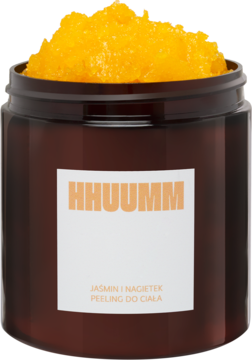 Hhuumm Jaśmin i Nagietek cukrowy peeling do ciała w brązowym słoiku, otwarty, widok z przodu na pomarańczowy scrub.