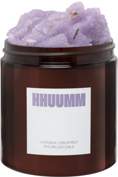 Hhuumm Lawenda i Grejpfrut peeling cukrowy, fioletowy, w brązowym słoiku, widok z przodu z góry.