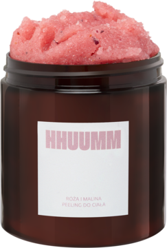 Peeling cukrowy Hhuumm Róża i Malina, w otwartym brązowym słoiku, z widoczną różową, ziarnistą masą.