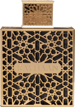 Złota butelka perfum Rayhaan Elixir z czarnym tłem i ażurowym, geometrycznym wzorem, widok z przodu.