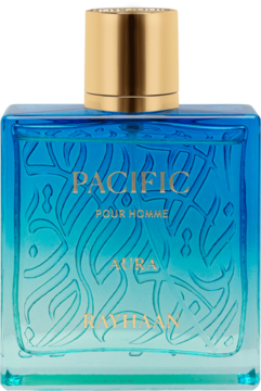 Rayhaan Pacific Aura woda perfumowana dla mężczyzn, błękitna butelka ze złotym korkiem, ozdobny wzór, widok z przodu.